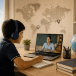 Child attending an online CBSE school class while moving between India and the GCC
