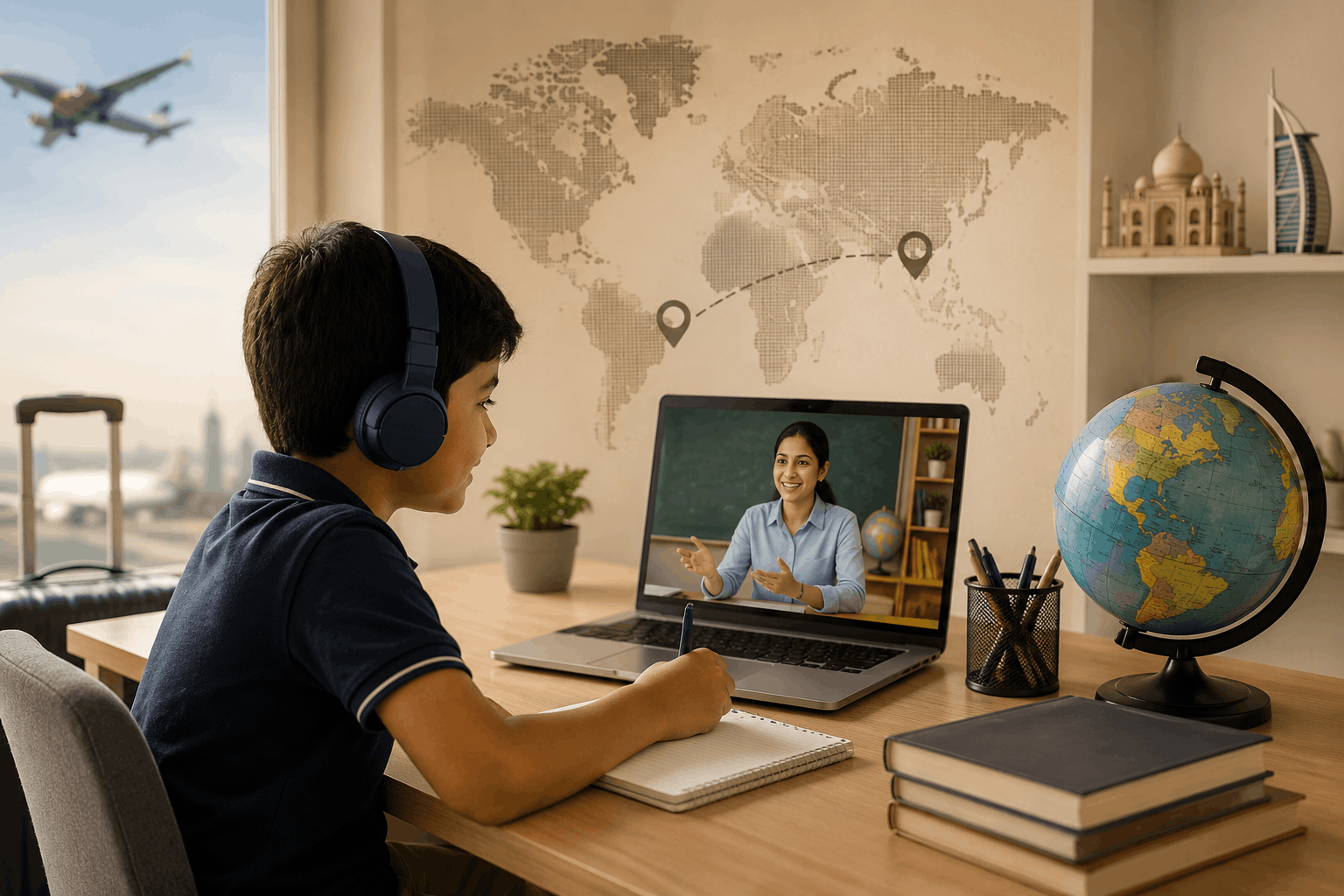 Child attending an online CBSE school class while moving between India and the GCC