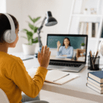 Student attending an online CBSE school class from home with a teacher on a laptop