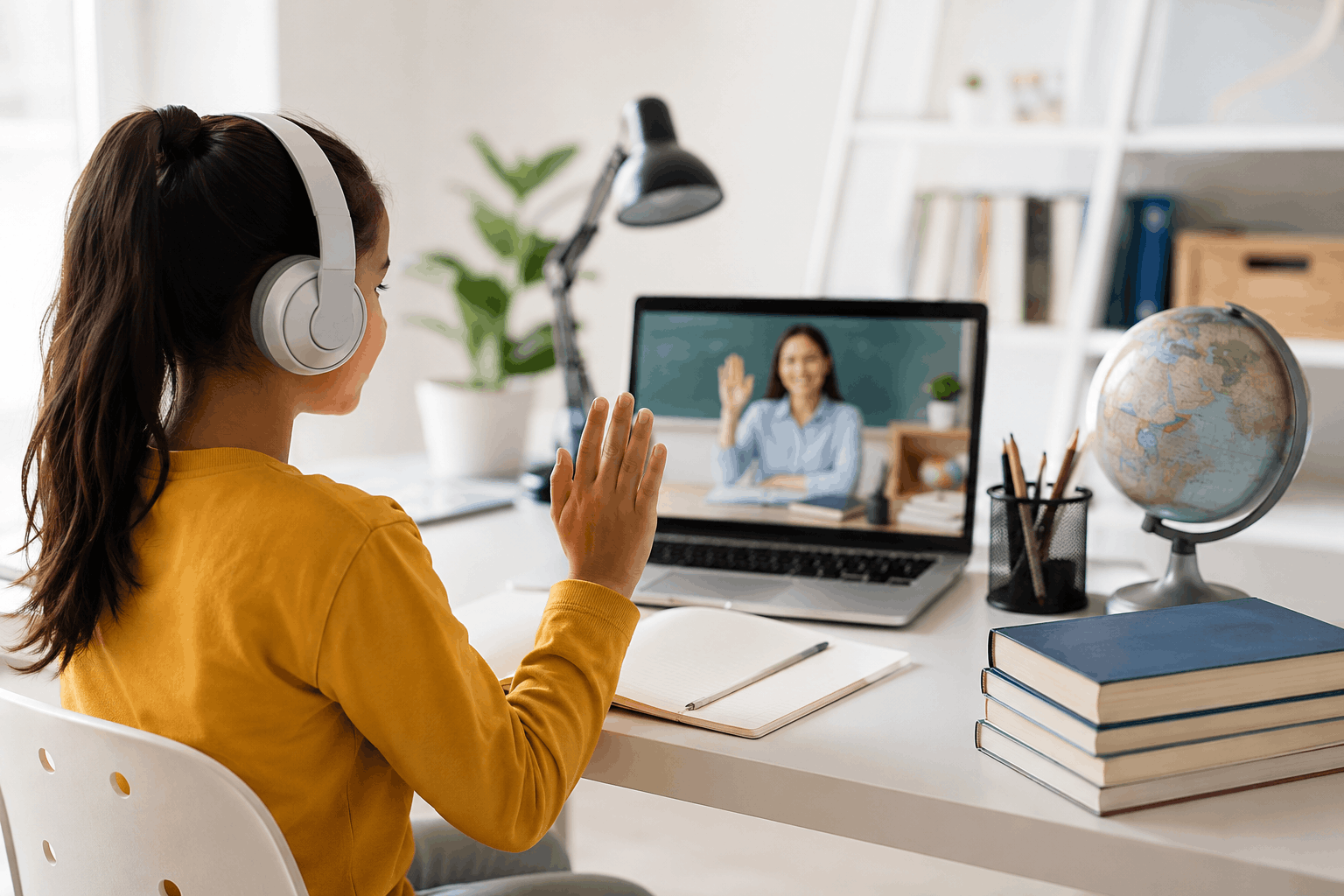 Student attending an online CBSE school class from home with a teacher on a laptop
