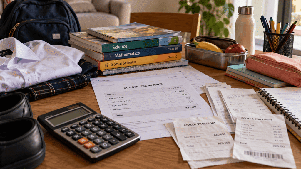 Calculator, school fee invoice and transport and stationery receipts laid out on a desk