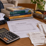 Calculator, school fee invoice and transport and stationery receipts laid out on a desk
