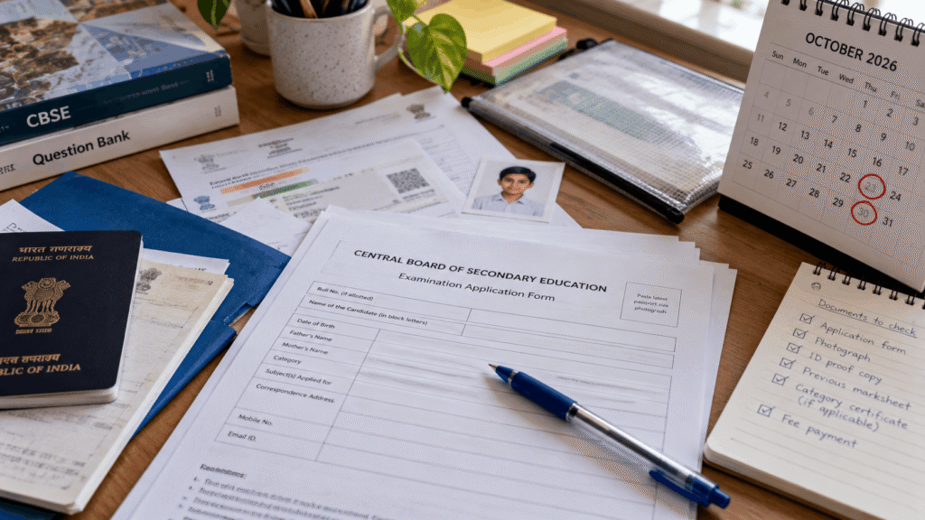 CBSE board exam application form, passport and October 2026 calendar with registration deadlines circled