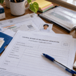 CBSE board exam application form, passport and October 2026 calendar with registration deadlines circled