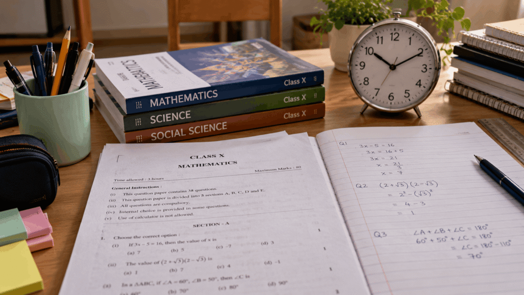 Class X Mathematics exam paper and textbooks on a study desk with a clock