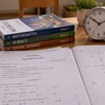 Class X Mathematics exam paper and textbooks on a study desk with a clock