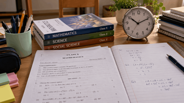 Class X Mathematics exam paper and textbooks on a study desk with a clock