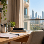 Study desk with CBSE textbooks and weekly timetable, Dubai skyline in the background