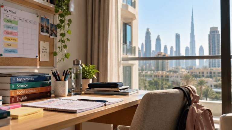 Study desk with CBSE textbooks and weekly timetable, Dubai skyline in the background