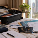 Packed suitcase with textbooks, passports and a report card, Dubai skyline visible through the window