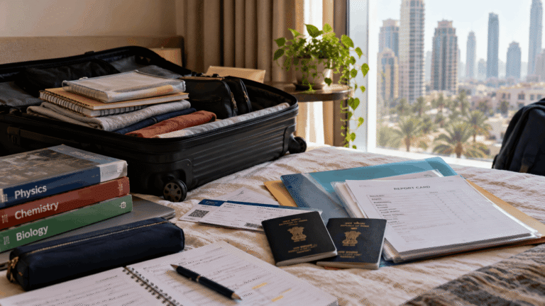 Packed suitcase with textbooks, passports and a report card, Dubai skyline visible through the window